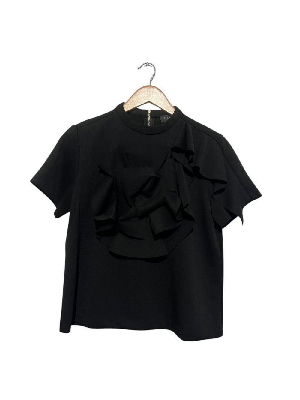 Gracia Blouse Ruffles Size Large Short Sleeves Black